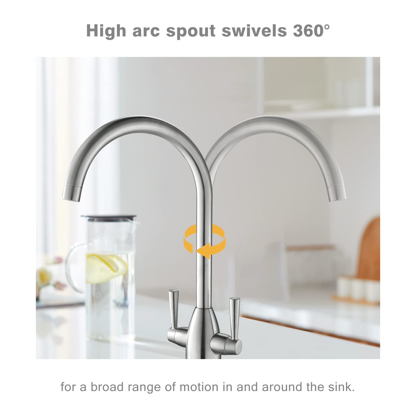 Peppermint Brushed Nickel Kitchen Sink Tap Mixer Modern Design High Arc Gooseneck Brushed Steel Kitchen Sink Taps Twin Lever Faucet 360 Swivel Spout Dual Handle - Image 2