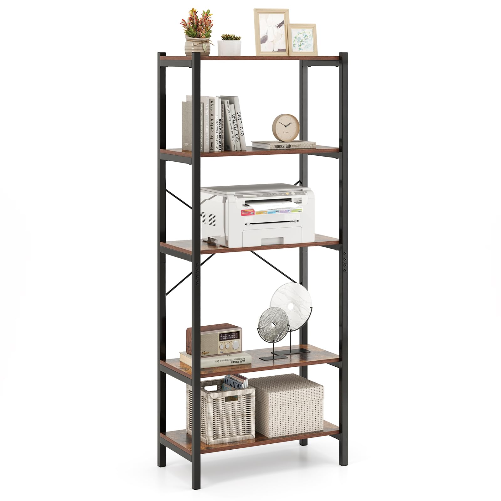 COSTWAY 5-Tier Shelving Unit, Wooden Storage Bookcase Ladder Bookshelf with X-Shaped Bar, Freestanding Metal Frame Display Rack Plant Stand (Rustic Brown, 66 x 34 x 160 cm)