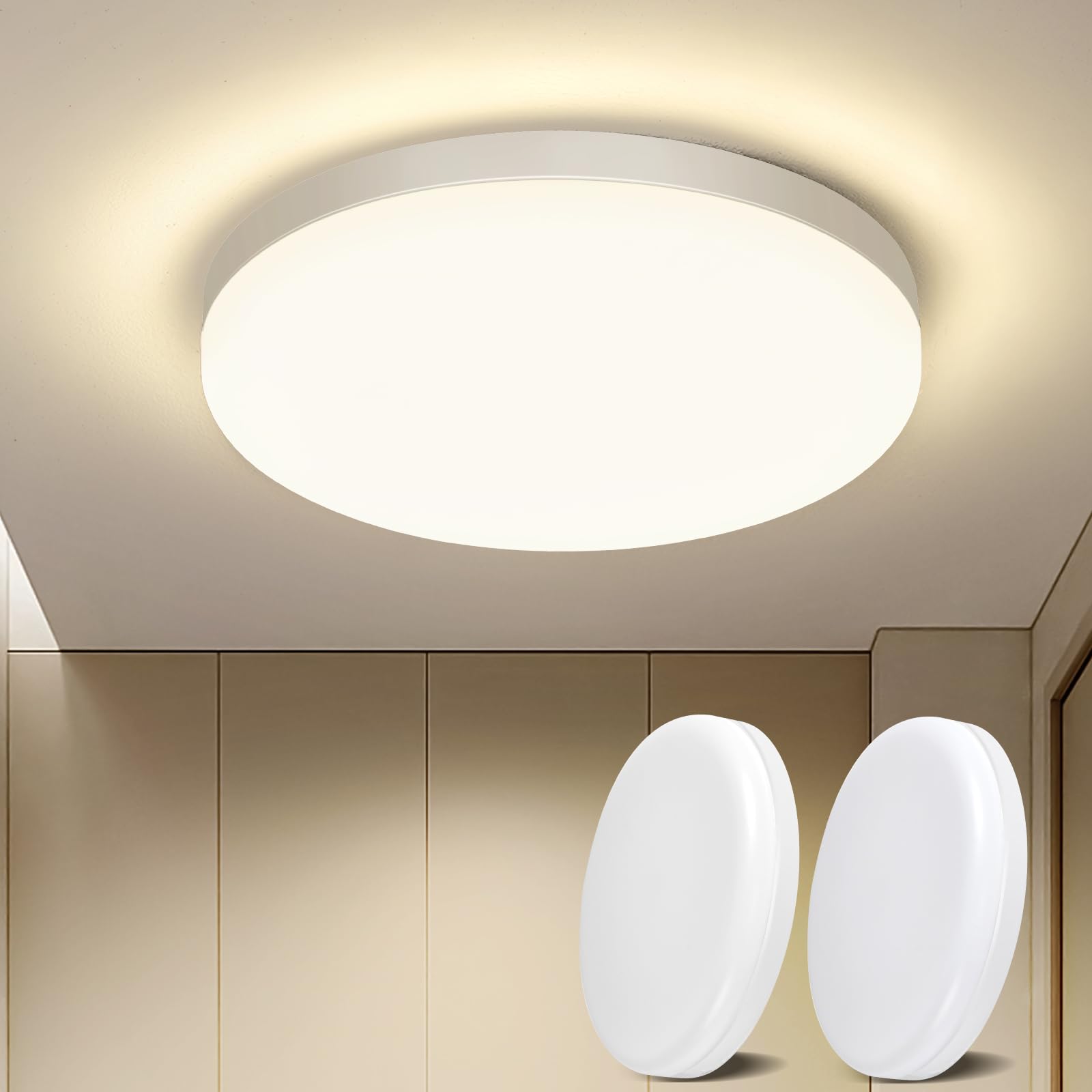 Qamra 2 Stück 22 cm LED Deckenleuchte, Weiße Acryl Deckenlampe, Minimalistische Runde Deckenleuchte für Badezimmer, Küche, Flur, Eingang, Garderobe