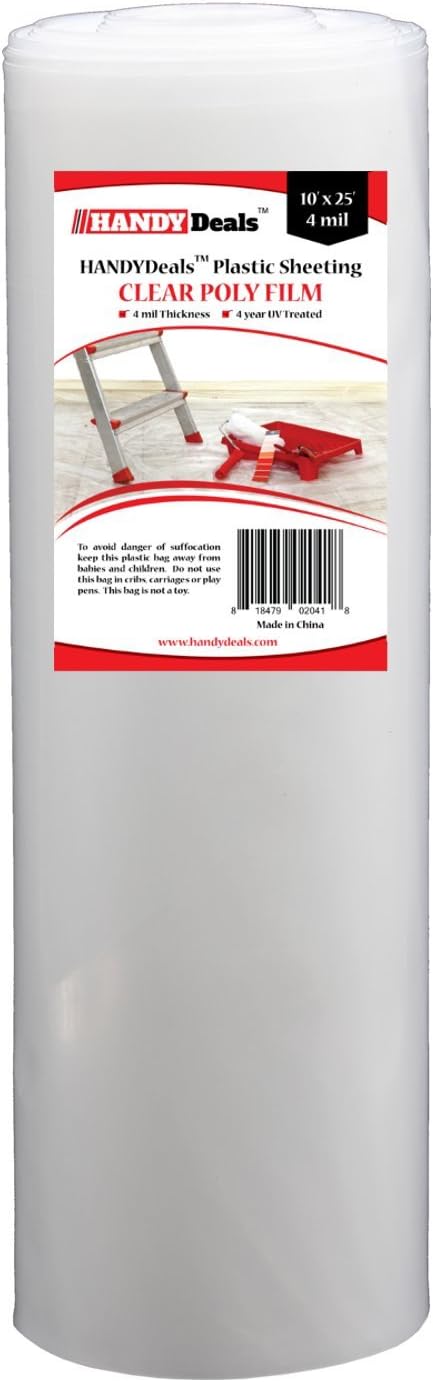 Clear Plastic Sheeting – 10‘ x 25’ 4mil, 4 Year UV Treated, Heavy Duty Multi Purpose Drop Cloth by HANDYDeals.