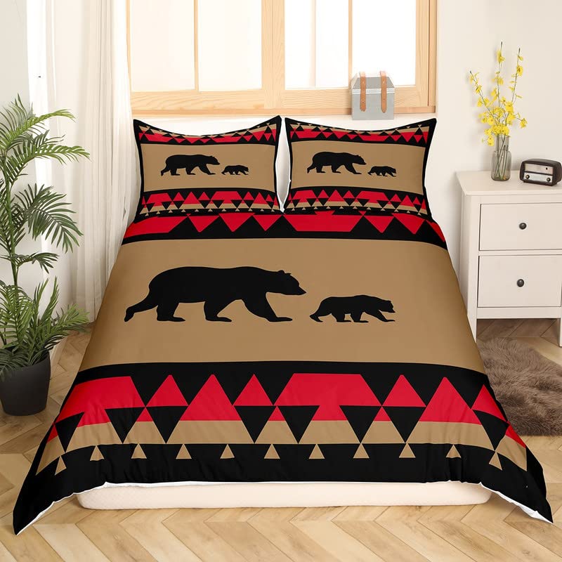 Feelyou Bear Comforter Cover Set Geometry Triangle Bedding Set for Boys Girls Children Wild Animal Bohemian Style Black Brown Red Bedding Duvet Cover Set Room Decor with 1 Pillow Case