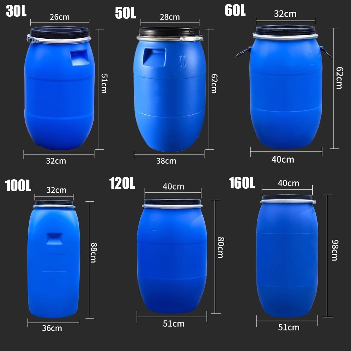 Grande Fusto Fusti Stoccaggio con Coperchio Aperto Plastica Blu, Contenitore Stoccaggio Industriale A Tenuta d'Aria per Stoccaggio e Trasporto Esterno(60L)