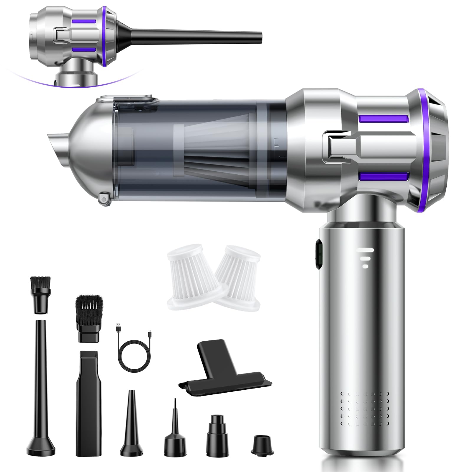 Handstaubsauger, 25000Pa Handstaubsauger Akku Kabellos mit 1-Knopf-Selbstentleerung, 4-in-1 Autostaubsauger Stark mit Bürstenlosem Motor, 3 Stufen Mini Staubsauger, Ideal für Tierhaare, Auto, Haushalt
