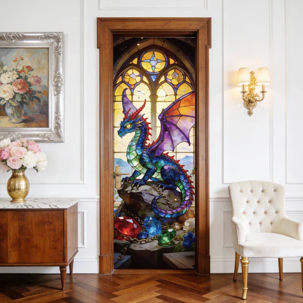 arricraft 2 Sheets Self-Adhesive Door Sticker, 80cmx200cm/31.5x78.7inch Gemstones Flying Dragon Pattern Door Murals Stickers PVC Removable Wallpaper Decoration for Bedrooms ​Living Room