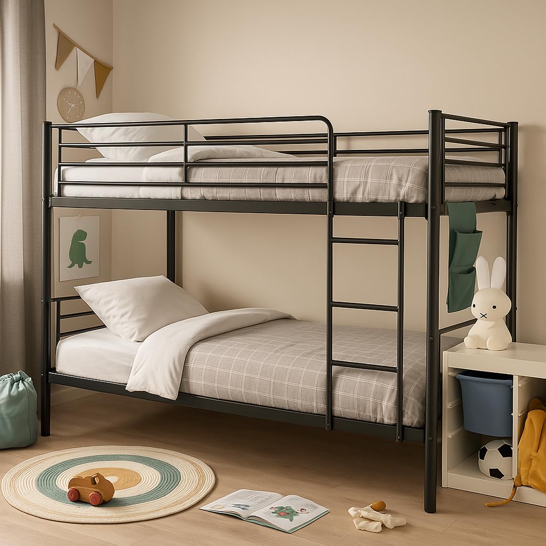 Litera Metálica Doble 200x97x161 cm Cama Infantil y Juvenil con Escalera Lateral y Barandilla de Seguridad para Dormitorio