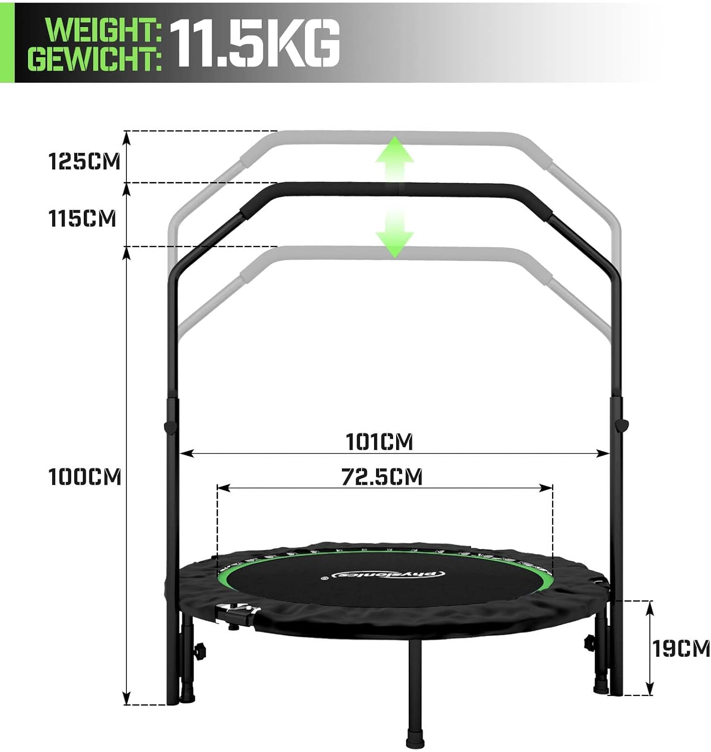 Diagram showing the dimensions of the Physionics fitness trampoline, including diameter, height, and adjustable handle heights.