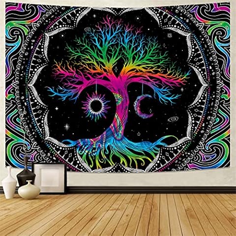 Dermijer Tree of Life Tapestry Sun and Moon Tapestry Trippy Mandala Tapestry Psychedelic Galaxy Space Tapestry Colorful Aesthetic Wall Tapestry Wall Hanging for Bedroom W59.1" × H51.2" Cover