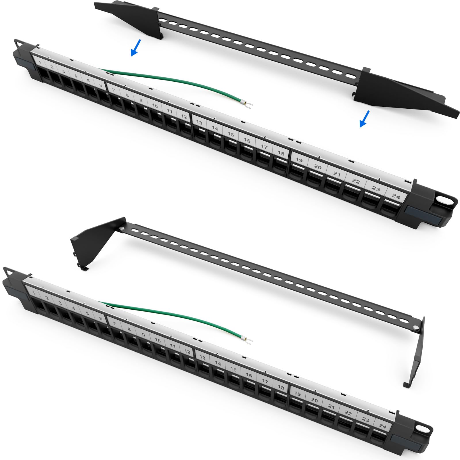 hb-digital Panneau de raccordement modulaire 24 ports pour module Keystone RJ45 19" CAT 5 CAT 6 CAT 7 pour armoire réseau LAN Professional TIA568A TIA568B Switch câble de terre - Noir