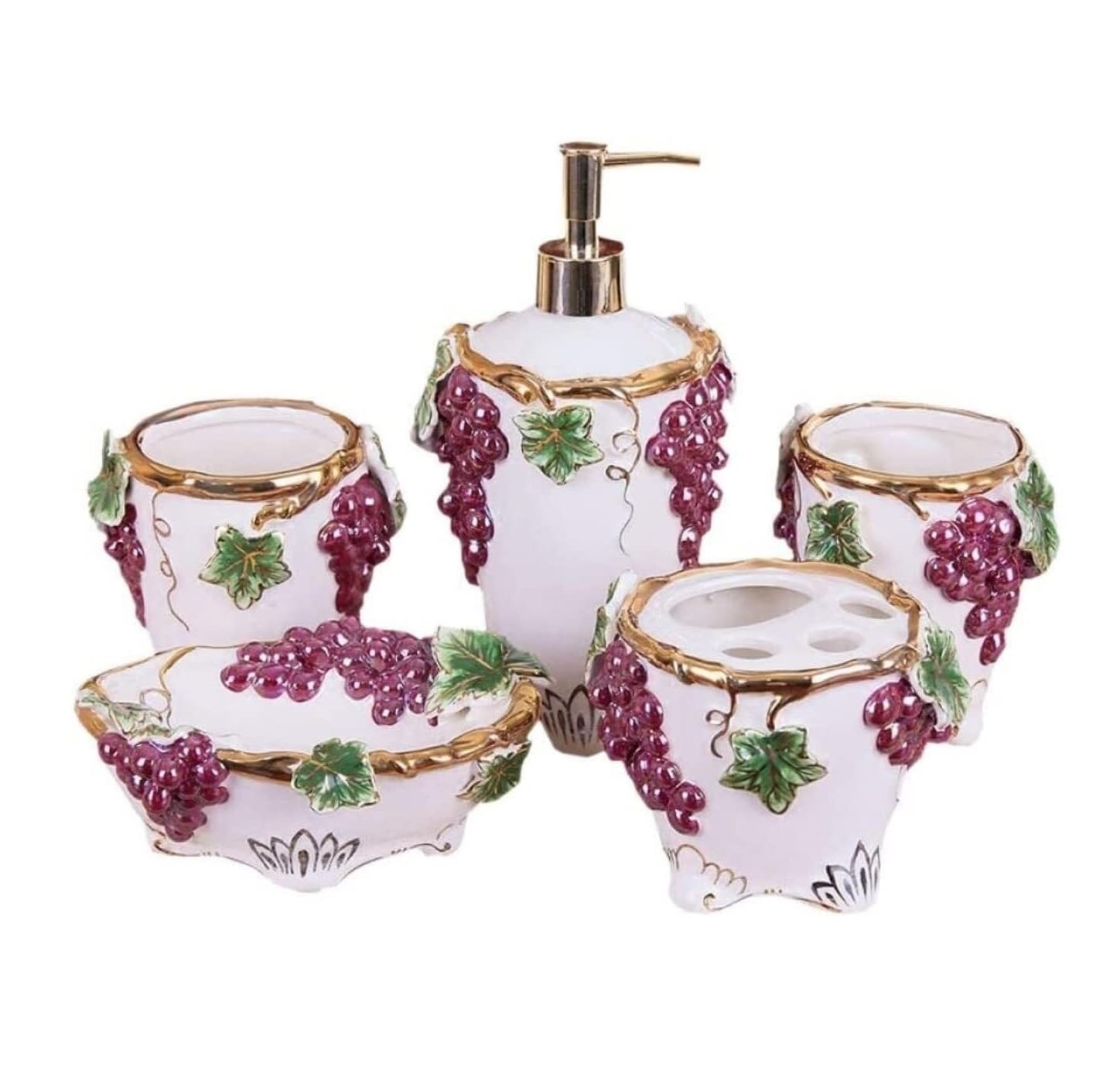 Badezimmer Set 5-teiliges Badezimmer-Zubehör-Set, Traubenmuster, Keramik, Badezimmer-Bürsten, Praktisches Dekoration Organizer