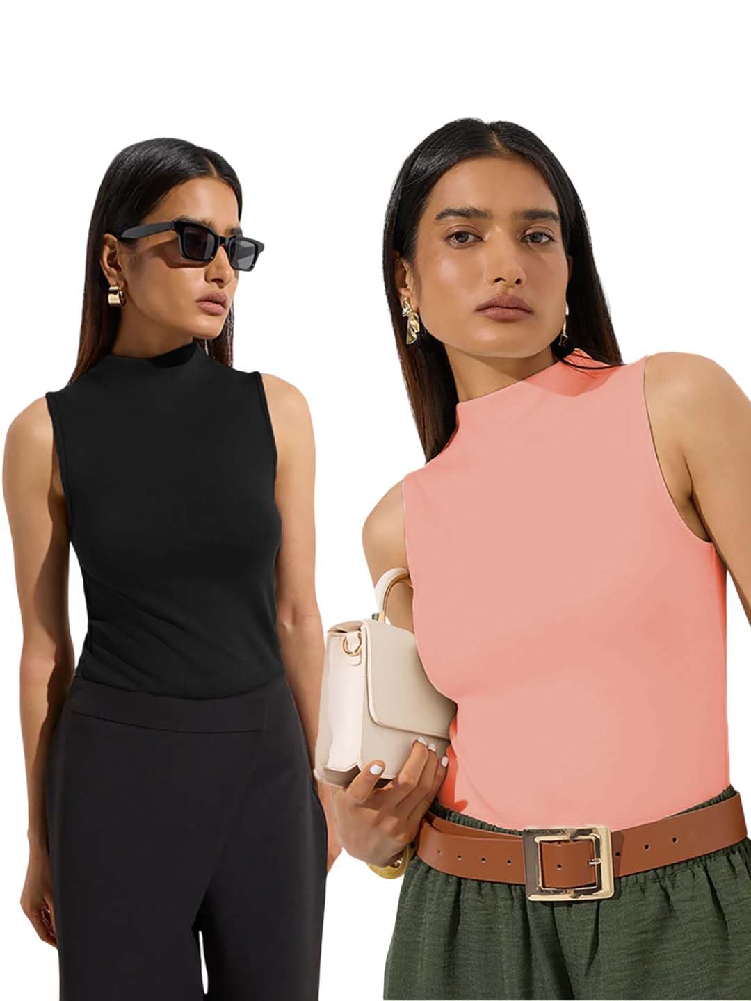 KOTTY Women’s Sleeveless High Neck Ribbed Tank Top Combo Pack of 2 Stylish Casual & Office Wear Tops-image-13