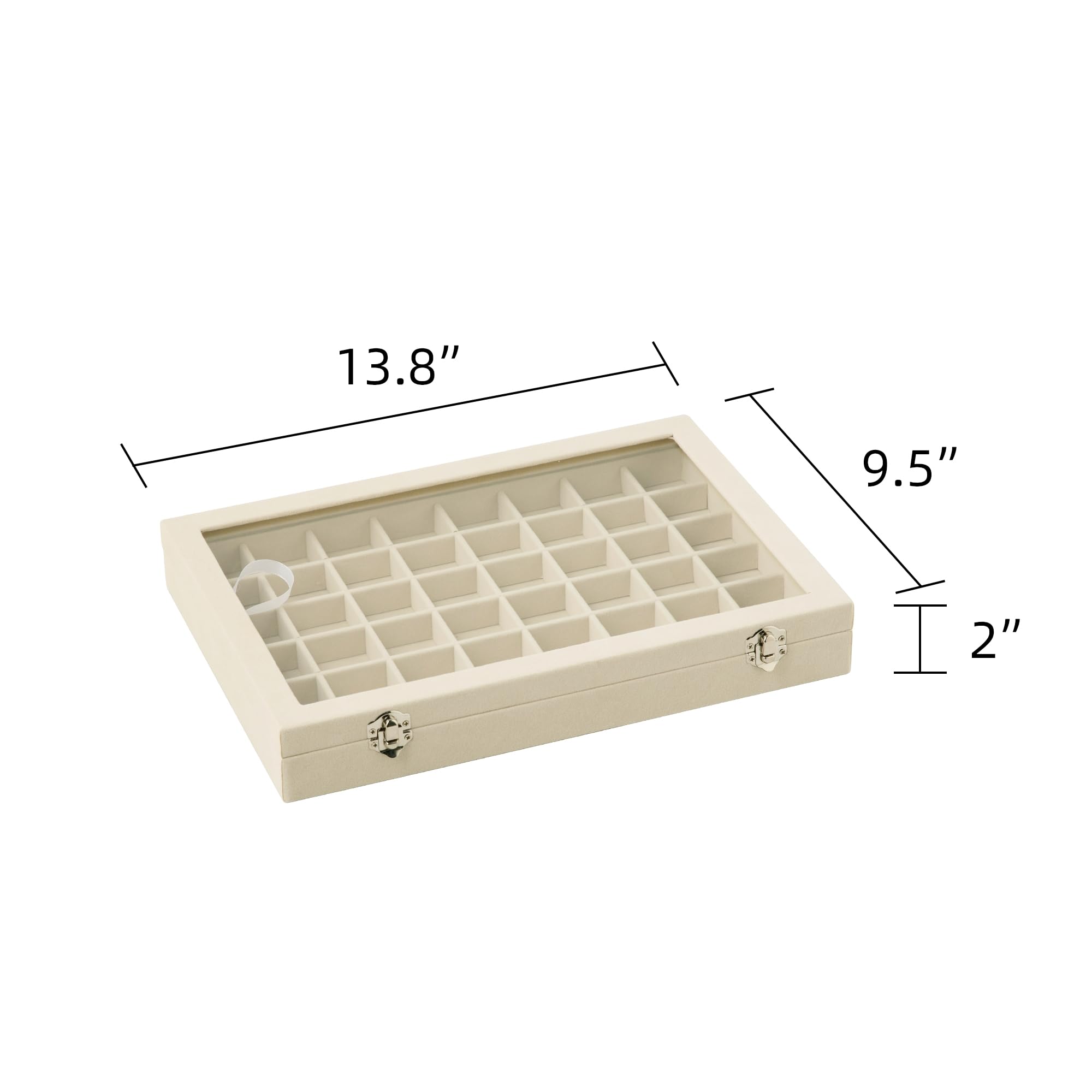 Frebeauty Bandeja para joyas con 48 compartimentos, soporte ajustable para pendientes con tapa de cristal, cajón de terciopelo, organizador de joyas para anillos (Beige)