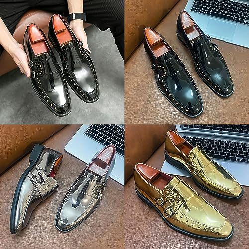 Men's Pointed-Toe Tuxedo Dress Oxfords,Fashion Patent Leather Monk Straps Studded Slip-on Casual Business Derby Shoes3