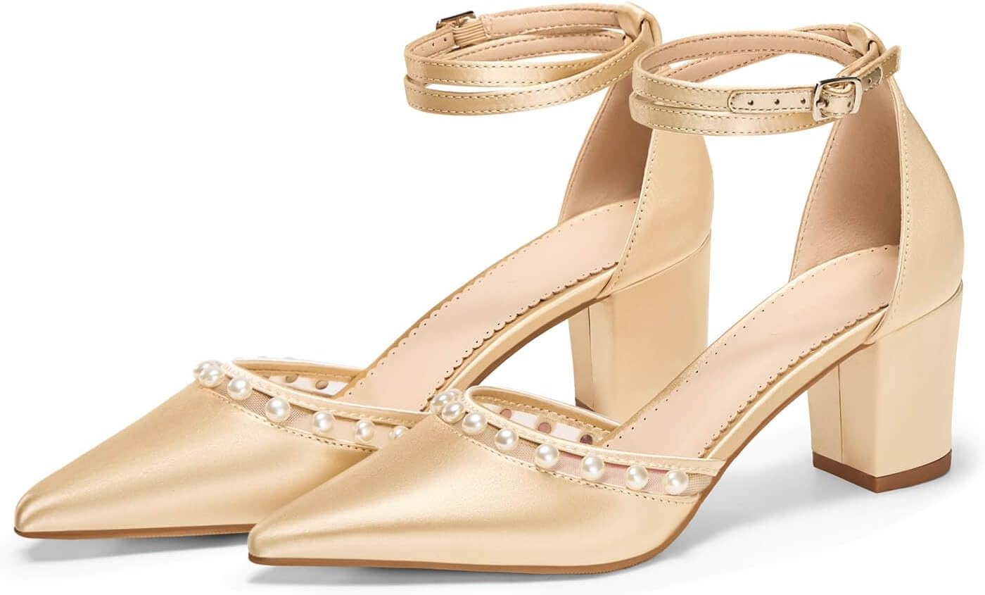 Coutgo Womens Pearl Chunky Heels Wedding Shoes for Bride Closed Pointed Toe Ankle Strap Satin Pumps - Image 6