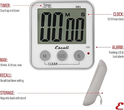 Escali Extra Large Display Digital Kitchen Timer with Clock Mode, Recall Timer Magnetic Back