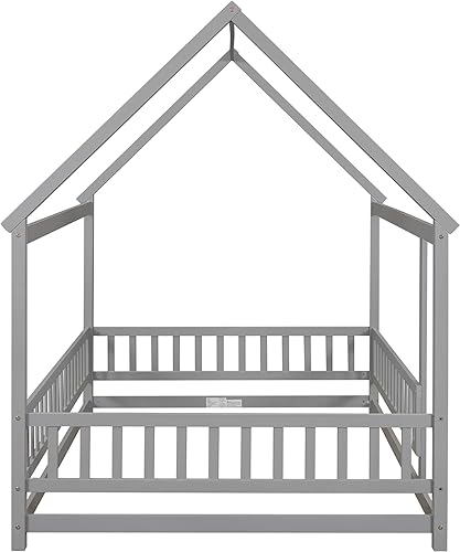 Miniatura 7 de Harper & Bright Designs Base de cama de suelo completo para niños, cama Montessori de madera con rieles, cama de casa de tamaño matrimonial para