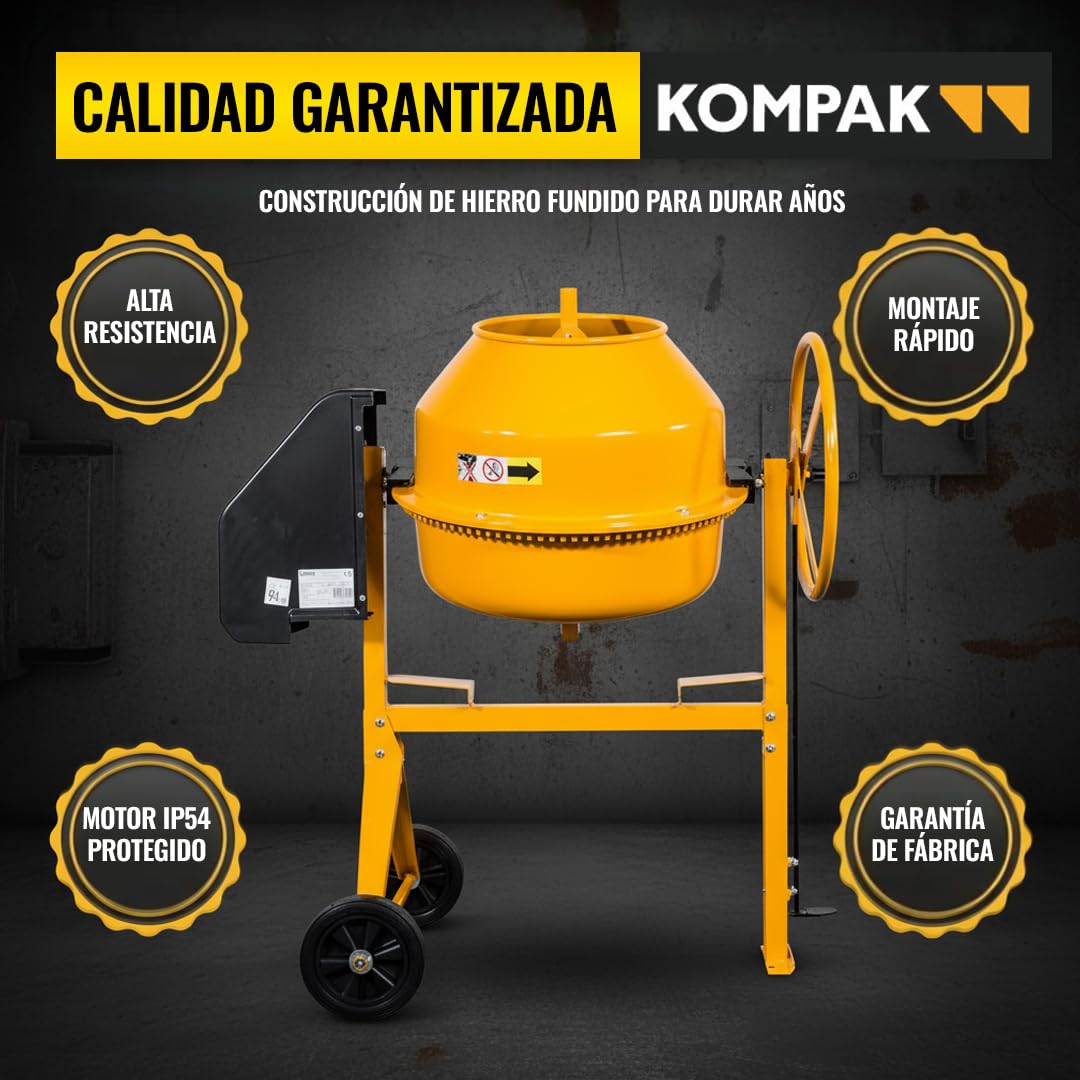Kompak Hormigonera Eléctrica 125 Litros Profesional para Obras y Reformas - Hormigonera Compacta Fácil de Montar para Mezclar Cemento y Mortero - Mezcladora Robusta Alta Durabilidad