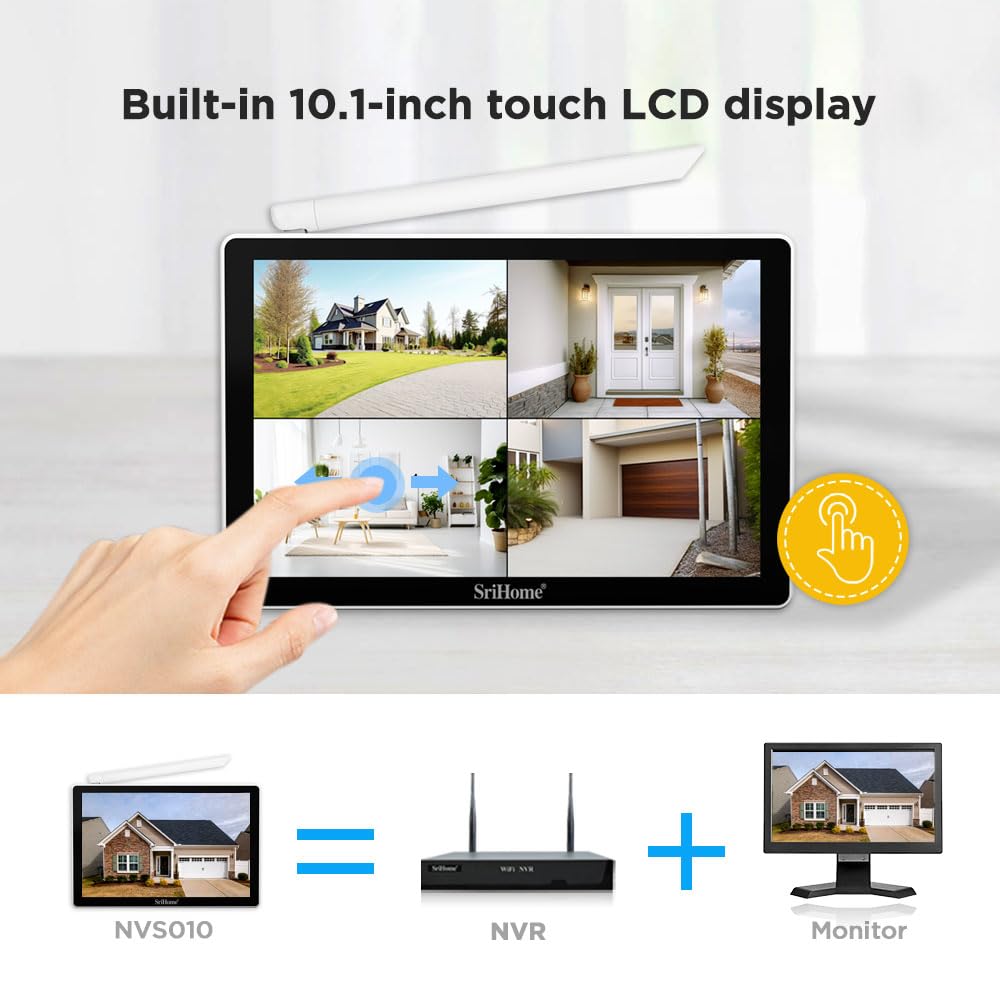 SriHome Kit Videosorveglianza WiFi, 4 Telecamere 5MP, Monitor 10,1 pollici, Visione Notturna, Rilevamento Movimento, Visualizzazione Remota