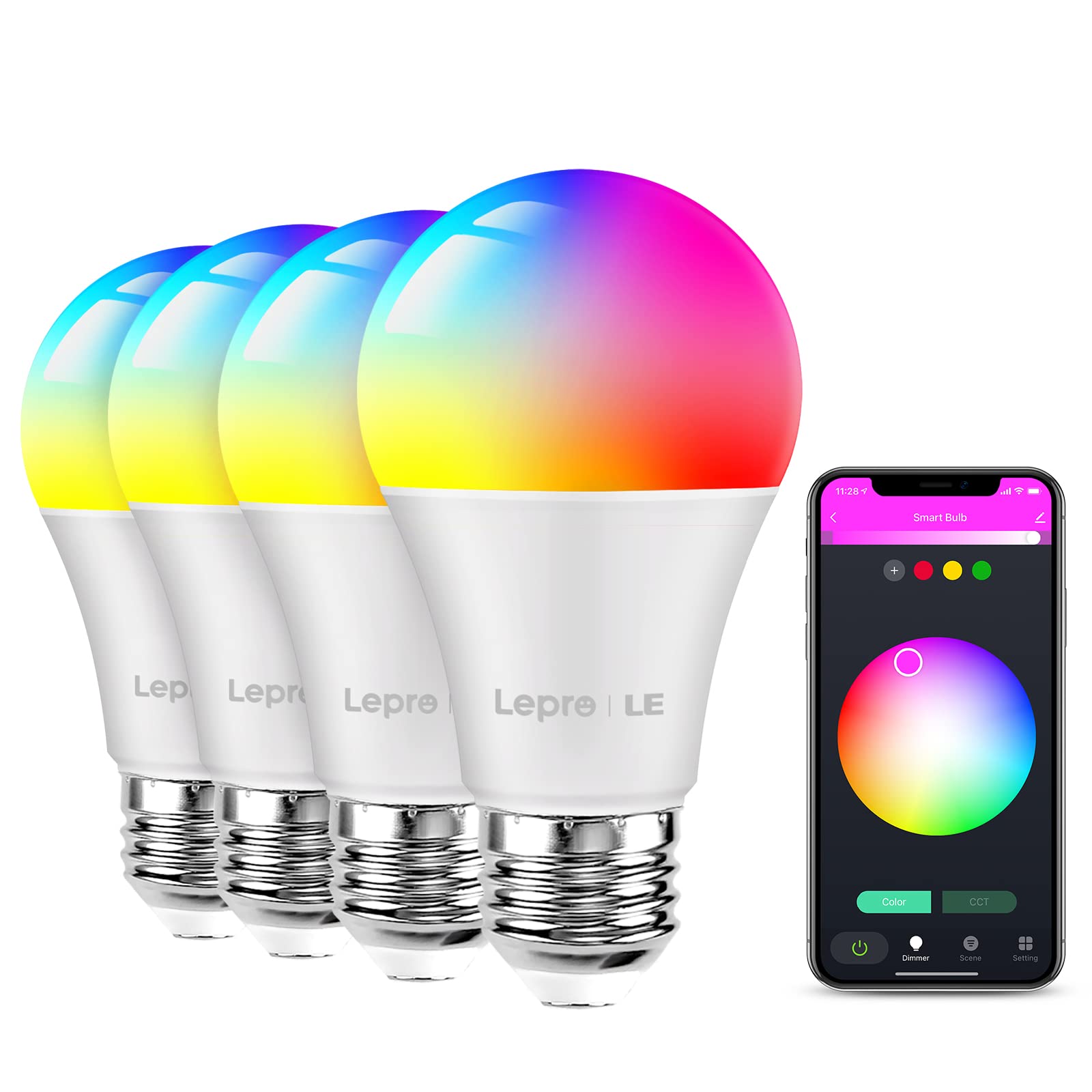 Lepro Ampoule E27 Connectée RGB+WW(2700K) Dimmable, Ampoule Wifi 9W 806LM (Equivalent de 60W) Compatible avec Alexa/Echo /Google Home-4pcs