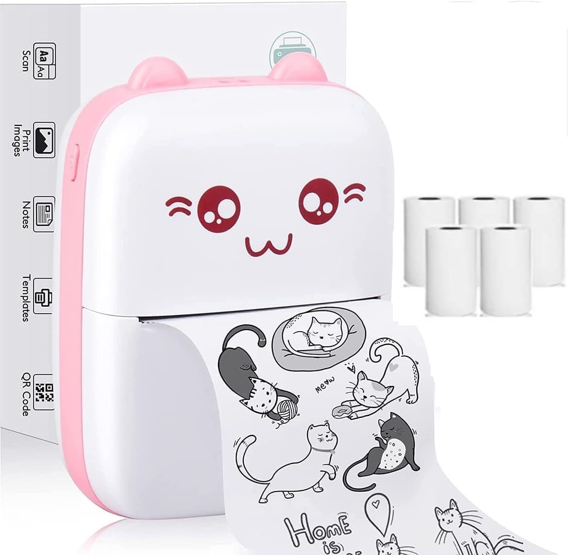 Portable Mini Printer, Instant Pocket Wireless Bluetooth Thermal Printers with 5 Rolls Printing Paper for Android iOS Smartphone, Label Maker Machine for Label Receipt Photo Notes Home Office (Pink)