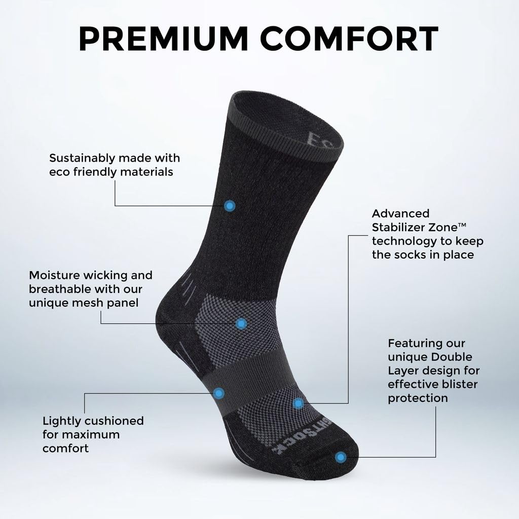 Wrightsock Escape Crew Chaussettes de randonnée pour homme et femme – Chaussettes rembourrées, respectueuses de l'environnement, anti-ampoules – Fabriquées aux États-Unis, Bleu serenity, Large