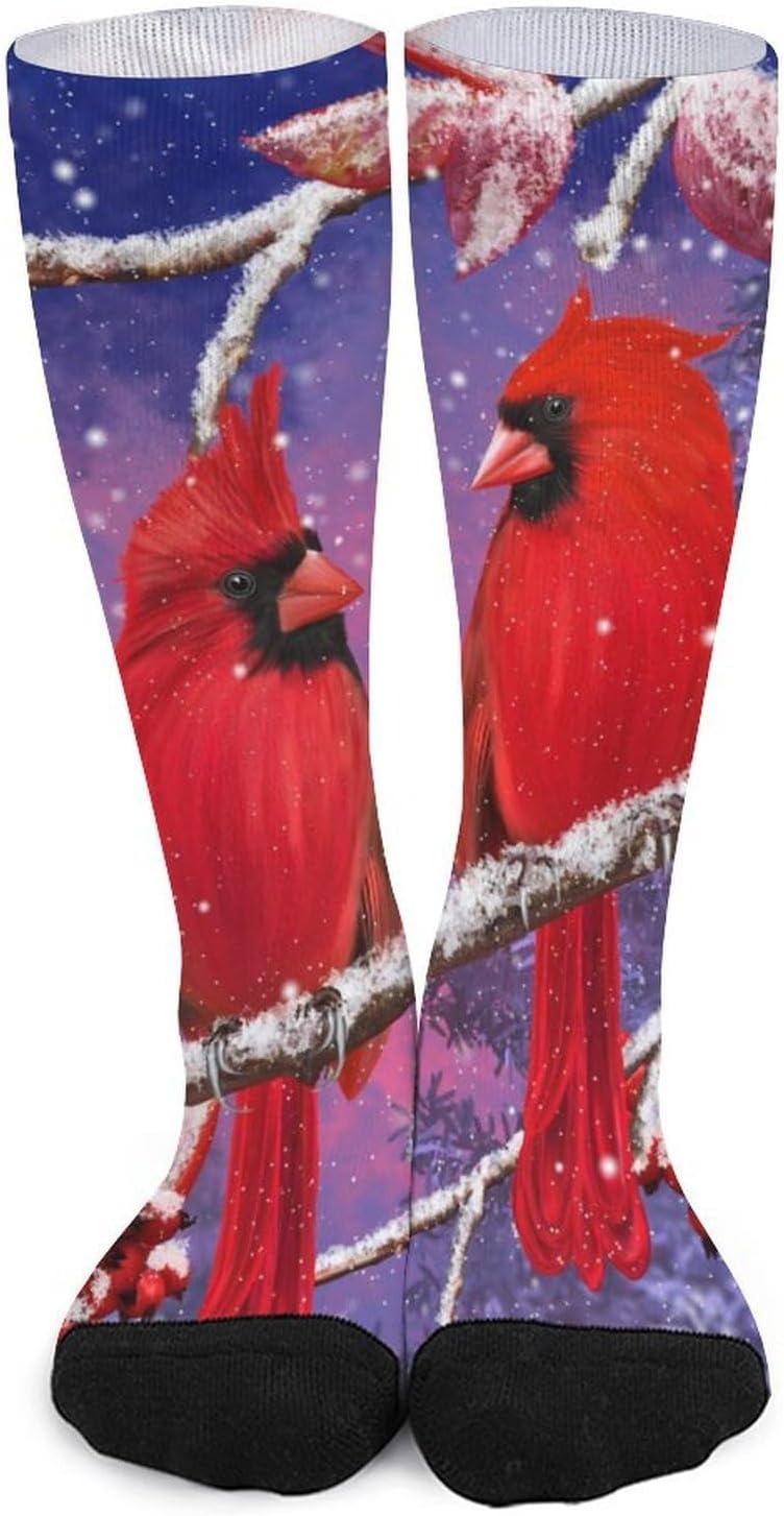 Bird Snowy Red Cardinal Knee High Socks Athletic Long Stockings Sport Casual Crew Tube Sock Boot