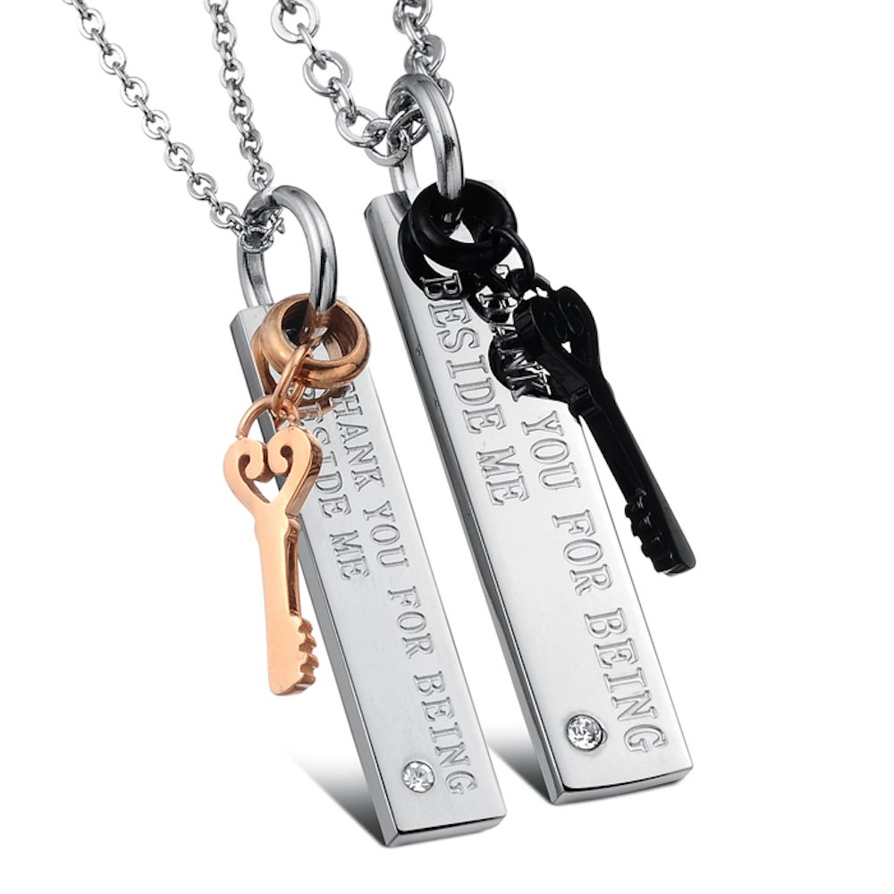 Kim Johanson Edelstahl Pärchen Schmuckset "Love Key" Armbänder & Ketten für verliebte in Silber mit Roségold & Schwarz inkl. Schmuckbeutel