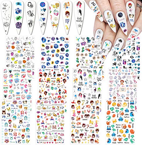 12 Sheets Zodiac Nail Art Stickers 3D Self Adhesive Nail Decals Nail Art Supplies Fashion Constellation Nail Stickers Designs Cartoon Zodiac Animals Nail Sticker for Kids Women Girls Nail Charms