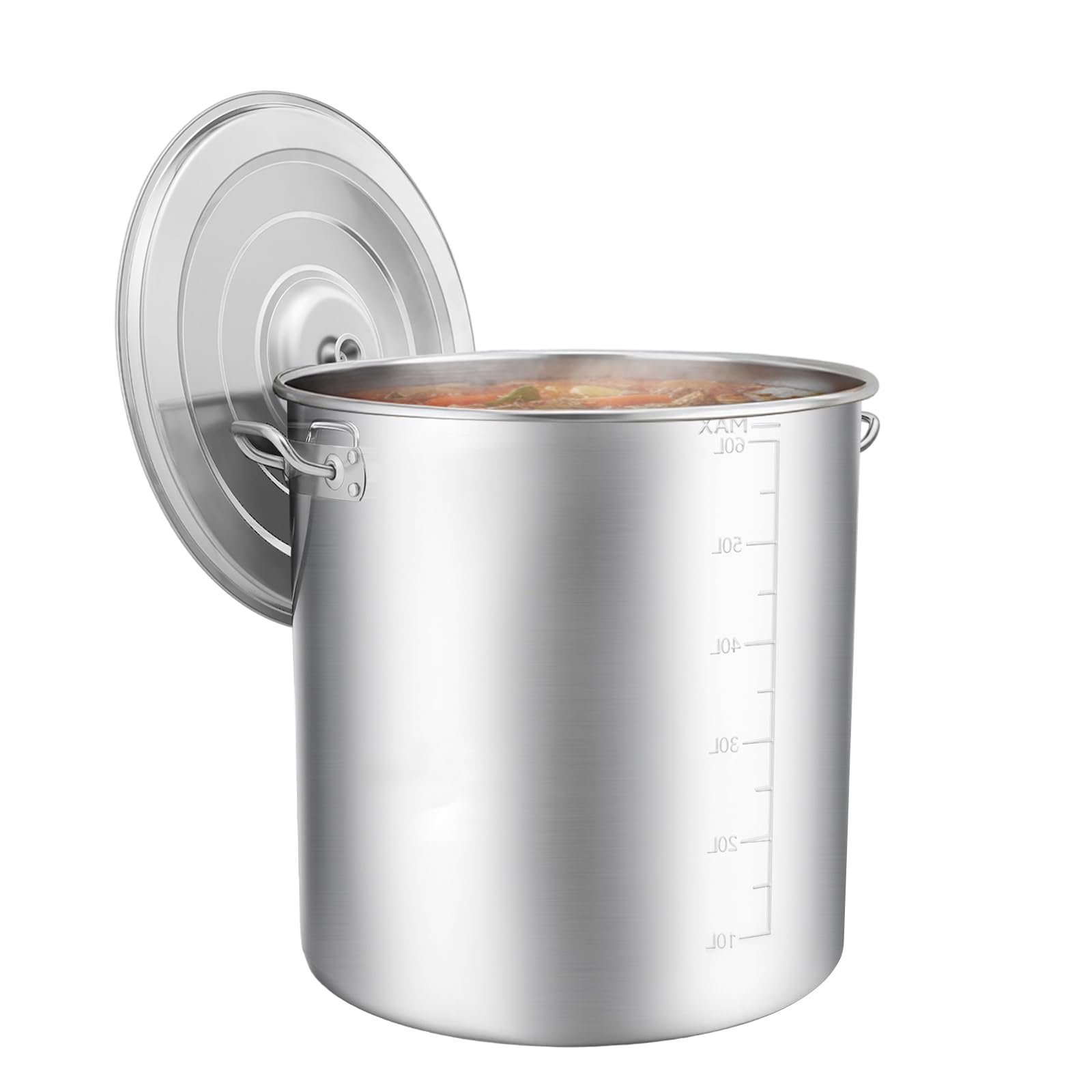 Olla grande de acero inoxidable de 70 L, con asas, diámetro de 45 cm, altura: 45 cm, tapa de fregadero, superficie pulida, olla grande de acero inoxidable para cocinas de gas, cocinas