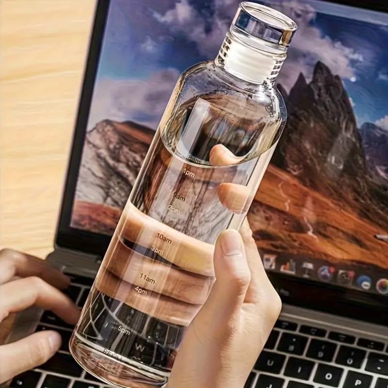 Image of Glass Water Bottle with Time Marker - 500ml Leakproof Reusable Bottle - BPA-Free Transparent Bottle with Colored Lids - Drinking Fridge Bottles Water, Milk, Lassi, Juices, Beverages (white)