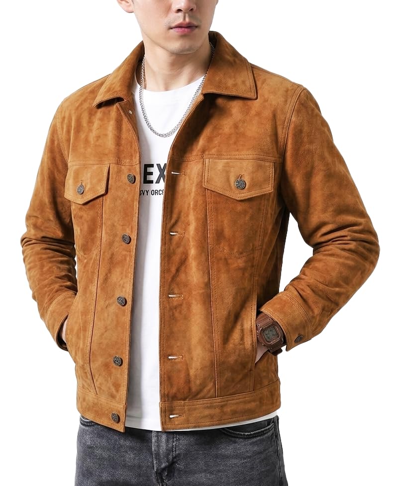 Image of Premium Brown Suede Trucker Leather Jacket Mens | Shirt Collar, Button Front, Chest Flap Pockets, Cuff Buttons, Waist Tab Adjusters, Polyester Lined, Inside Pocket
