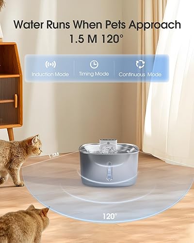 Miniatura 6 de Fuente de agua inalámbrica para gatos de acero inoxidable, fuente de agua inteligente para mascotas, 3.2L108 onzas con filtros y 2 cabezales de