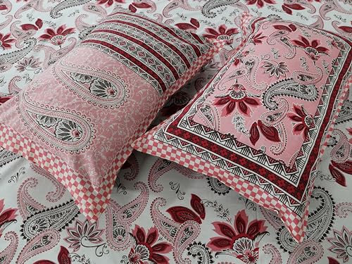 Image of 300 TC 100% Cotton Bedsheet for Double Bed King Size with 2 Pillow Covers | Breathable & Super Soft Rajasthani Sanganeri Jaipuri Printed Bed Sheet - 90 * 108 Inches (Paisley Pink)