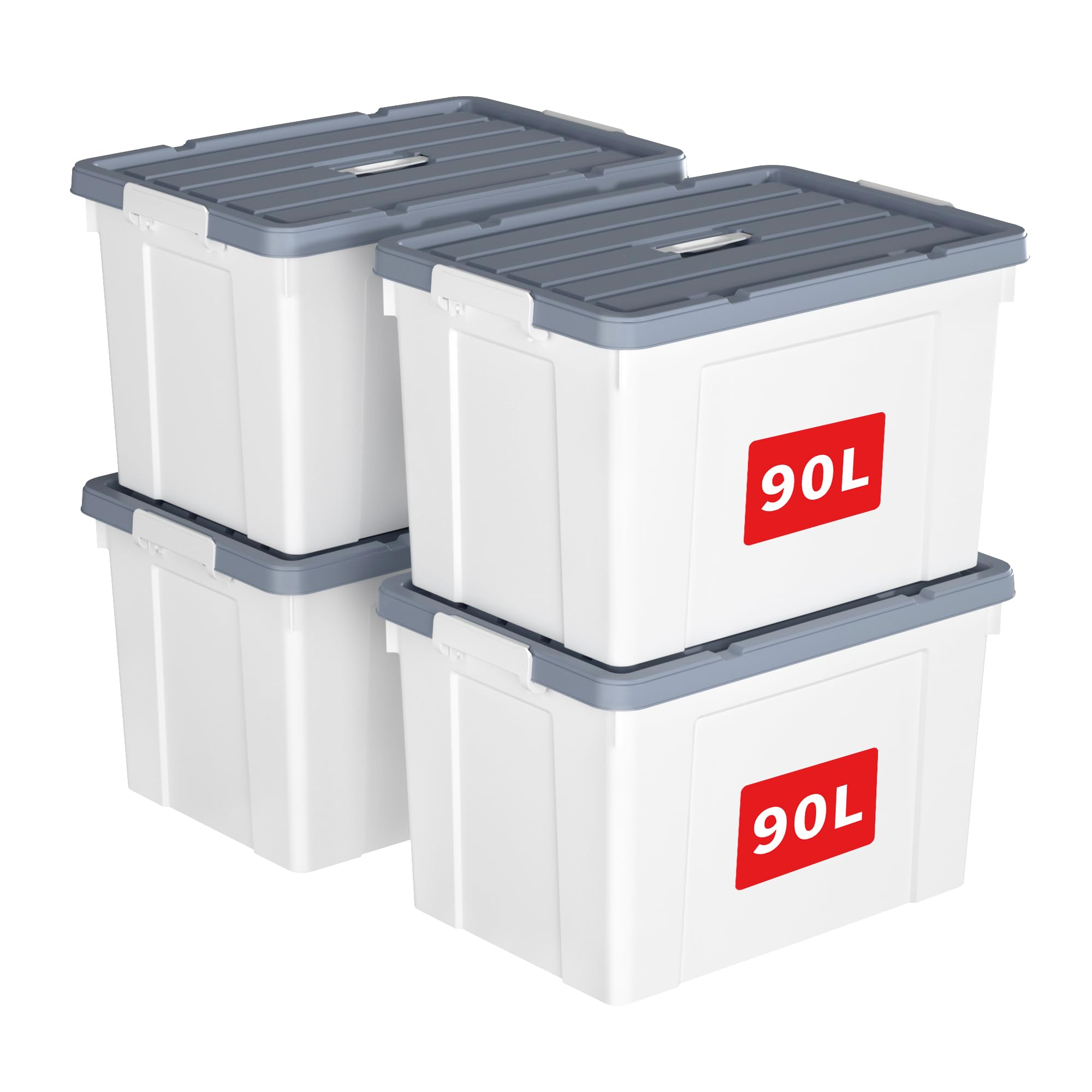 Cetomo 90 l x 4 pudełka do przechowywania, plastikowe pudełko do przechowywania z pokrywkami, pojemnik organizacyjny z uchwytem i bezpiecznymi klamrami zatrzaskowymi, można układać w stos, można