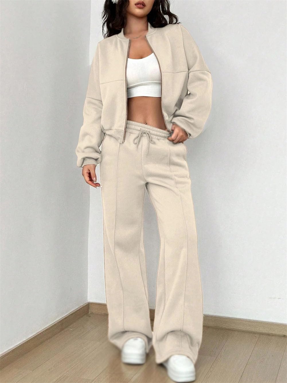 Set di pantaloni da jogging con giacca a maniche lunghe con cerniera intera, da donna, 2 pezzi, set da salotto, pantaloni della tuta da jogging