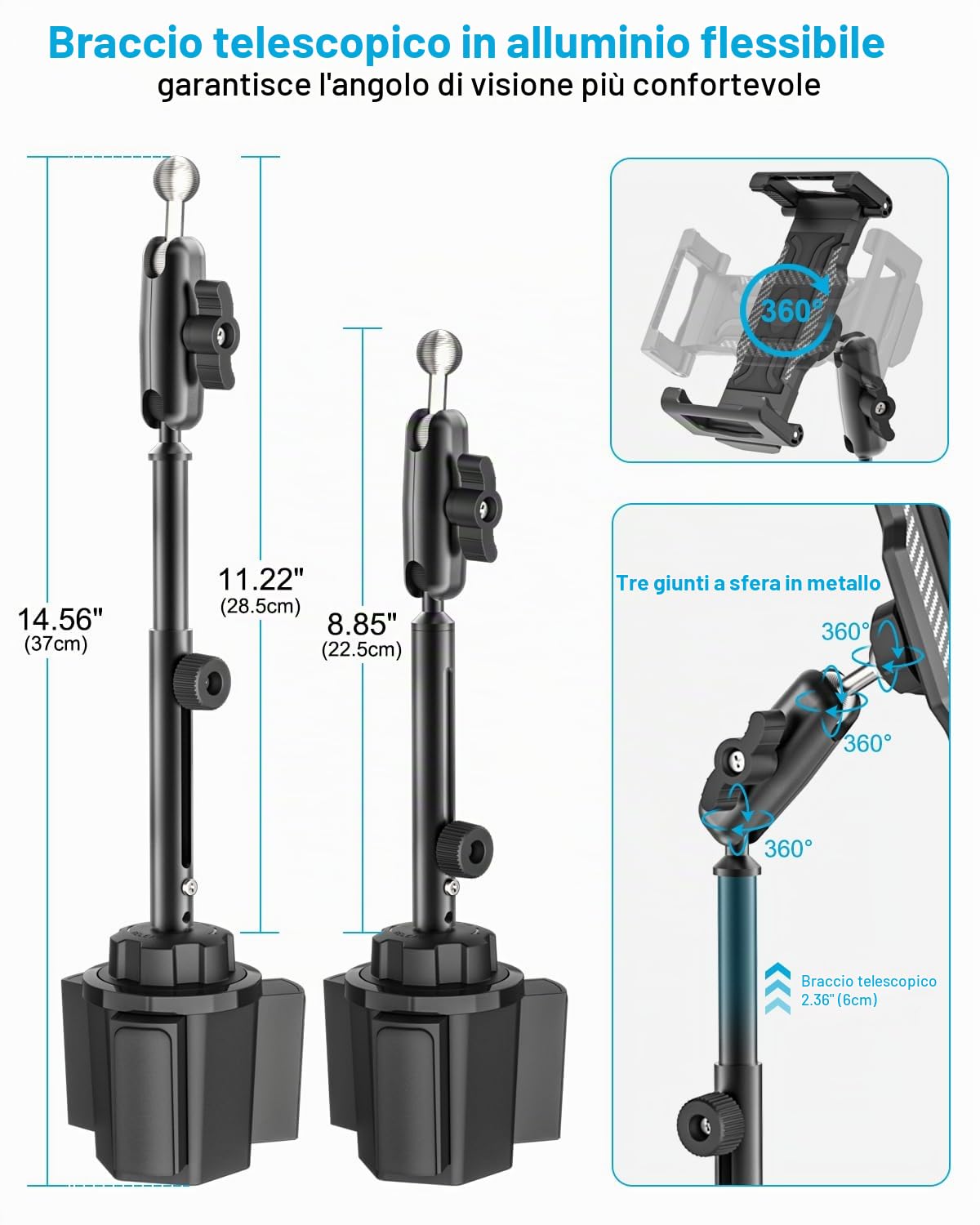 Supporto Tablet Auto Portabicchieri per 6,1 a 15,6 pollici iPad, [Braccio Telescopico in Metallo] Supporto Tablet & Telefono Bicchiere Camion per iPad Pro 13 12,9 11 Air Mini, Galaxy, iPhone