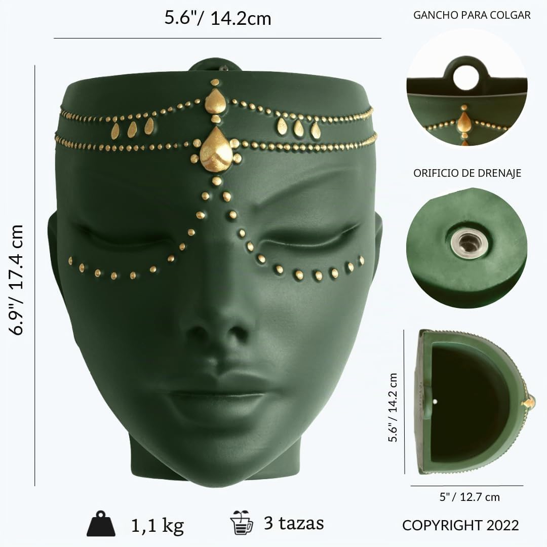 Maceta de Cabeza, decoración del hogar para Interiores y Exteriores, Regalos para Amantes de Las Plantas y Flores, para Superficie Plana o Montaje en Pared, 17,8 cm, diseño Serena, Verde