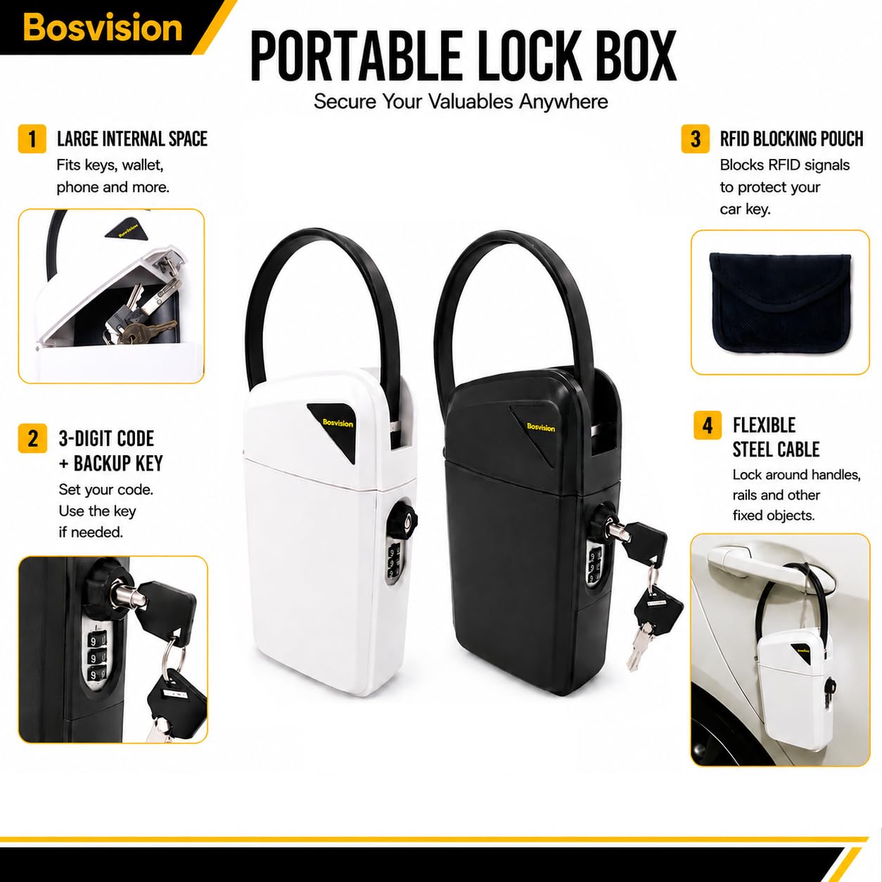 Bosvision cassaforte portatile, scatola chiave, scatola di sicurezza (lucchetto a combinazione e chiavi) con borsa Anti RIFD (borsa Faraday) per chiave auto senza contatto (keyless go)