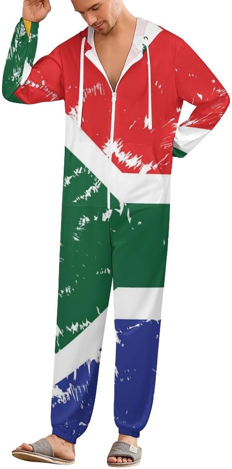 South African Flag Adult Pajamas Onesie with Hood Pocket Jumpsuits One Piece Sleepwear
