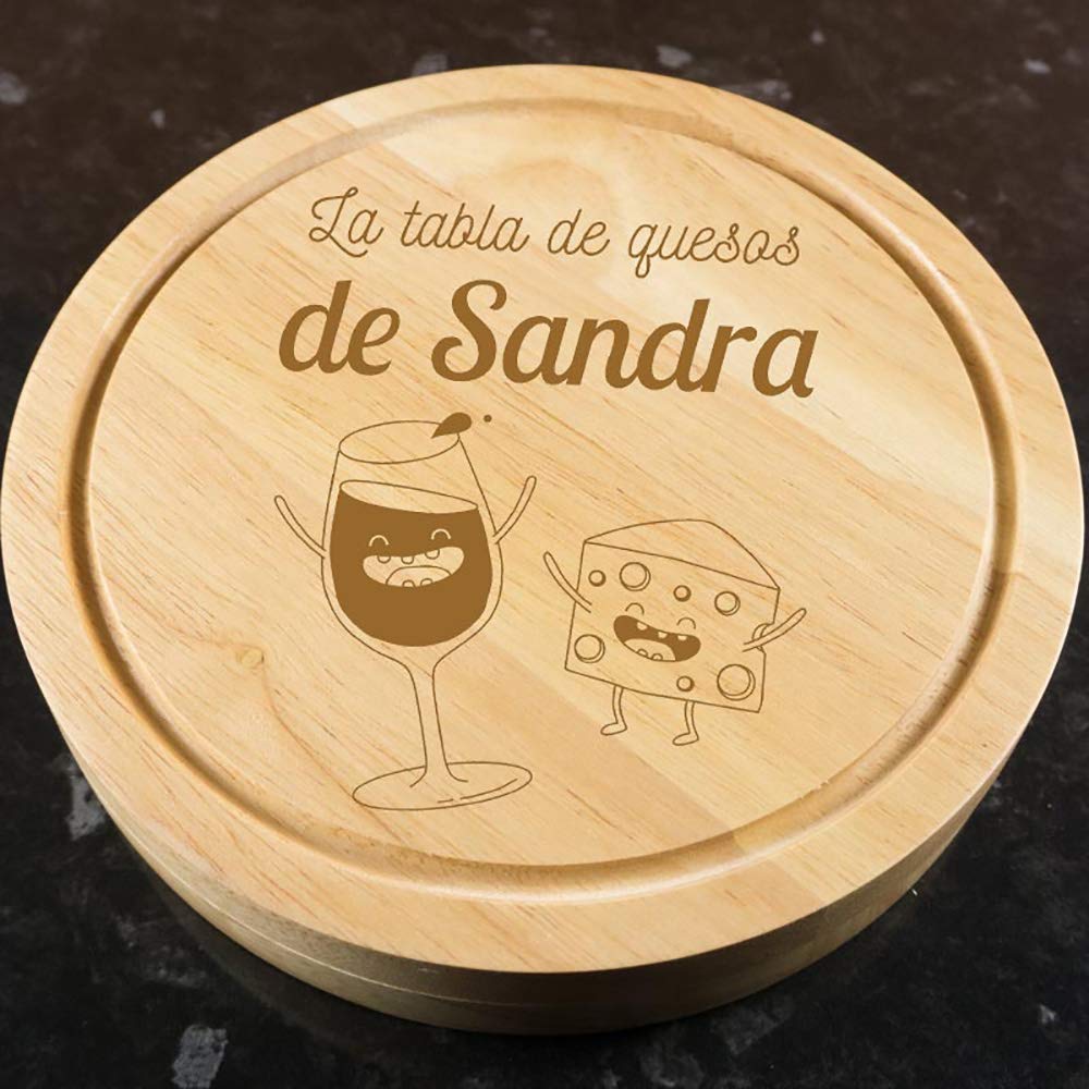 Regalo personalizado: tabla de quesos grabada con motivos divertidos y el texto que tú quieras