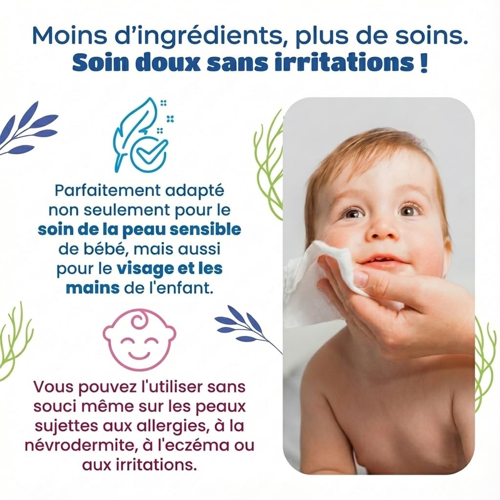 Kindii Water Care – Lingettes Humides Bébé, 60 unités, 100% Viscose, 99,9% Eau, Extrait de Pamplemousse, 150 × 200 mm, Pour Nouveau-Nés, non parfumées – Peaux Sensibles
