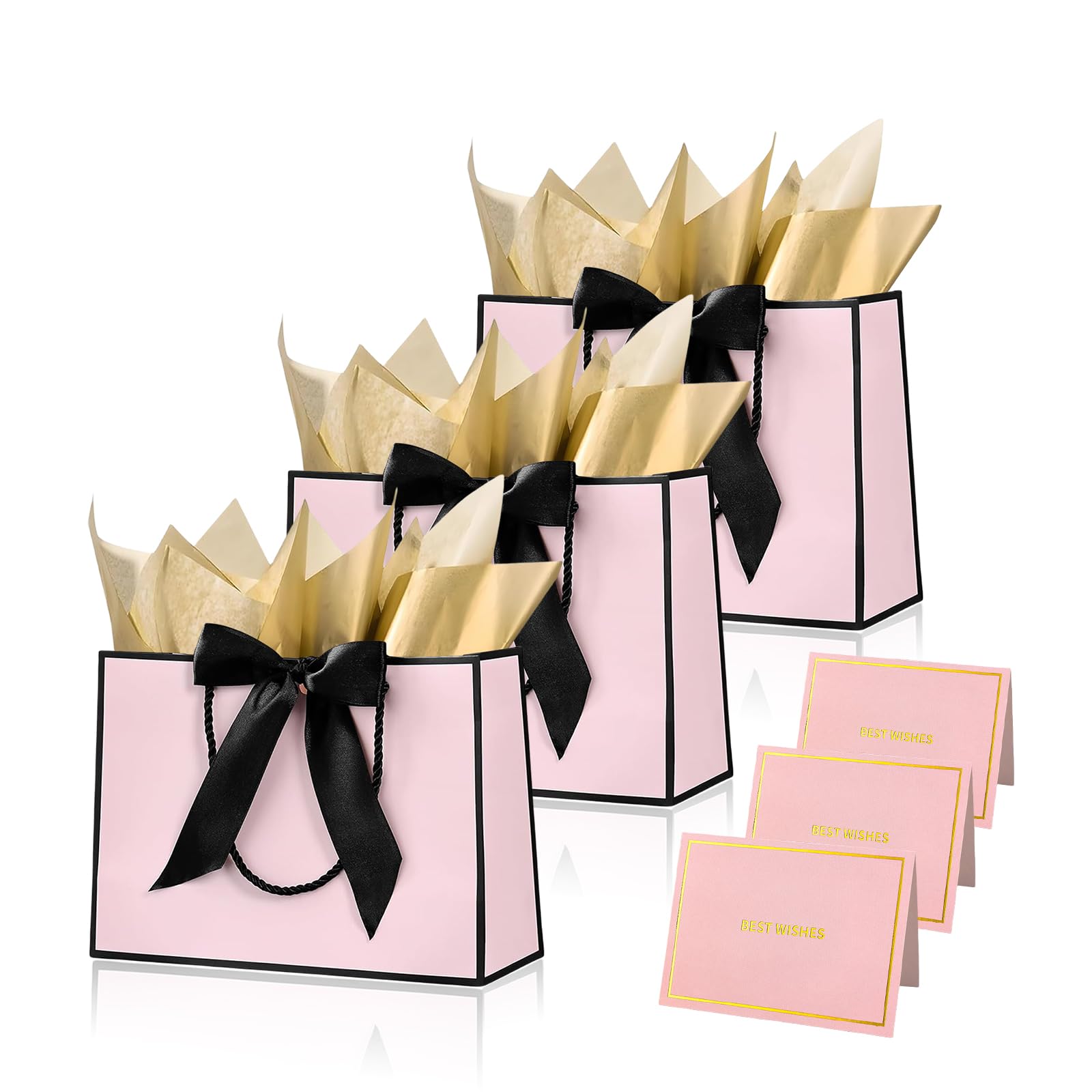 Black Pink Gift Bags for Presents,3P Medium Present Bags with 6 Metallic Gold Tissue/3 Card,Personalised Birthday Gift Paper Bag with Ribbon,28*20*10 Wrapping Bag for Christmas Wedding Gift Party Bag — image 1