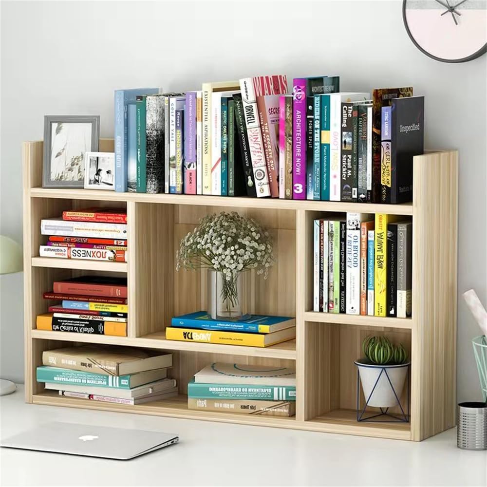 Desktop Bookshelf, Adjustable Wood Desktop Display Shelf Rack, Counter Top Bookcase, Free Style Display True Natural Stand Shelf Rack (Light Walnut)