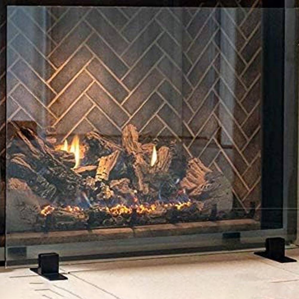 AMS Fireplace Frameless Clear Glass Fireplace Screen, Black Feet, 39 x 29”