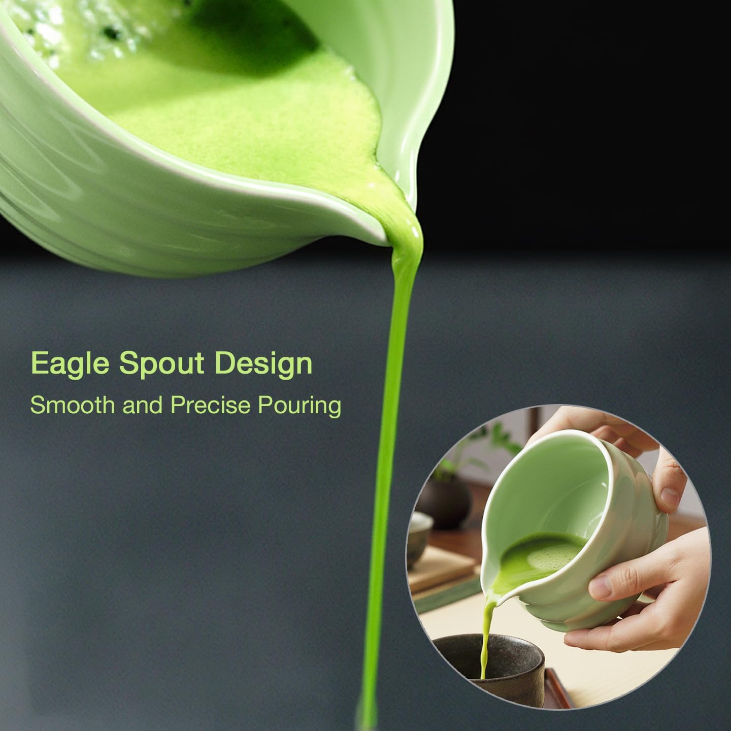 AIYICIII Ceramic Matcha Bowl with Spout 500ml / 17oz, Japanese Chawan for Whisking & Pouring, Handmade Matcha Tea Bowl for Green Tea Ceremony & Daily Use (Matcha Green)
