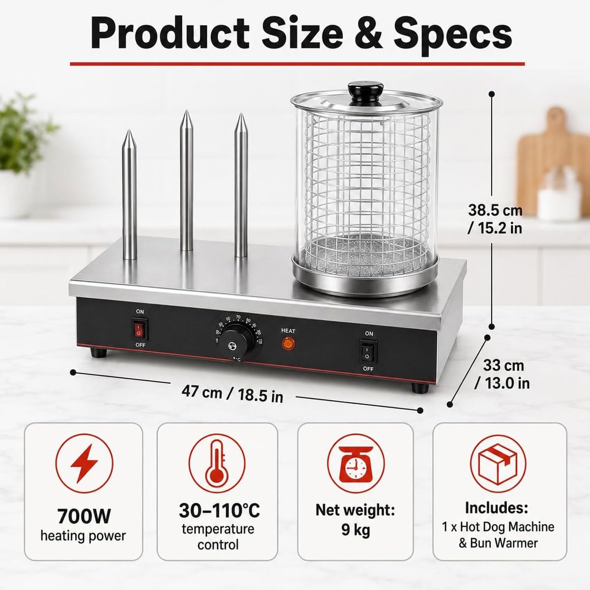 Máquina calentadora de panecillos y perritos calientes comercial 2 en 1 | Vaporera for perritos calientes de 700w/800w, acero inoxidable, Control de temperatura,hogar(3 Sticks)