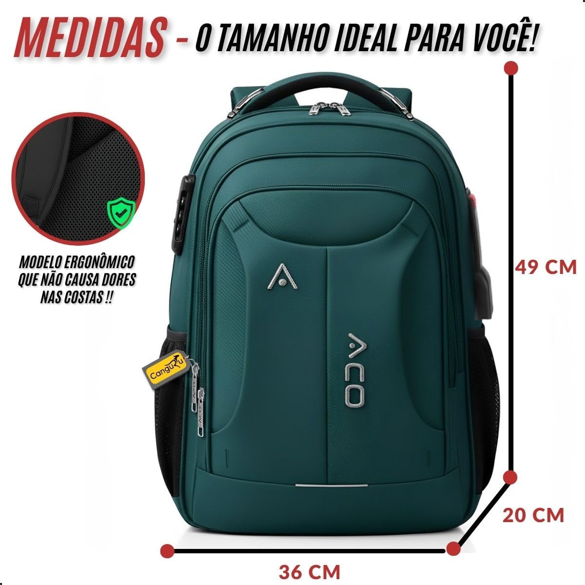 Mochila Bolsa Masculina Feminina Notebook Reforçada Semi Impermeável Cadeado Executiva Escolar Faculdade Trabalho Viagem Resistente Cabo De Aço Saída Usb SAÍDA Fone DE OUVIDO (Verde)