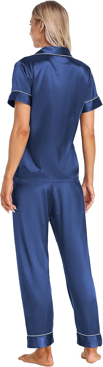 Women's Satin Pajamas Set 2 Piece Pj Set Sleepwear Notch Collar Short Sleeve T-Shirt Button-Down Loungewear with Long Pants - Image 4
