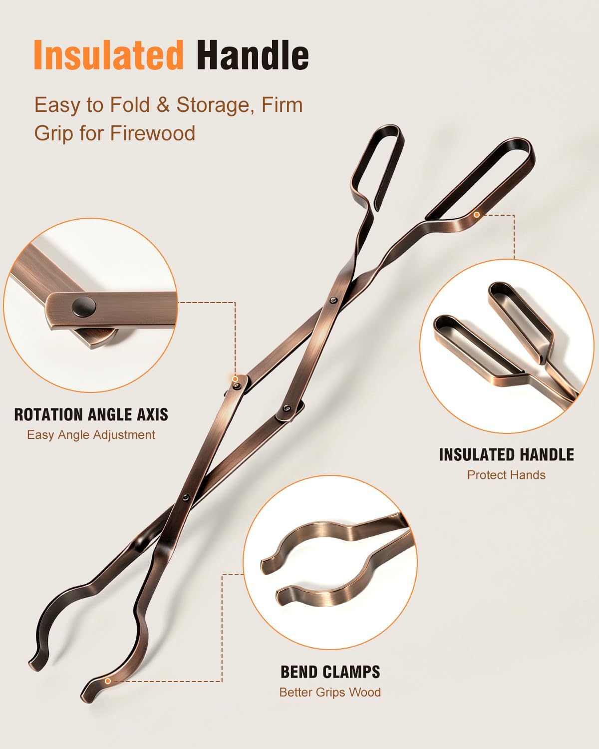 Himaly 26" Fireplace Tongs, Heavy Duty Stainless Steel Fire Pit Tool