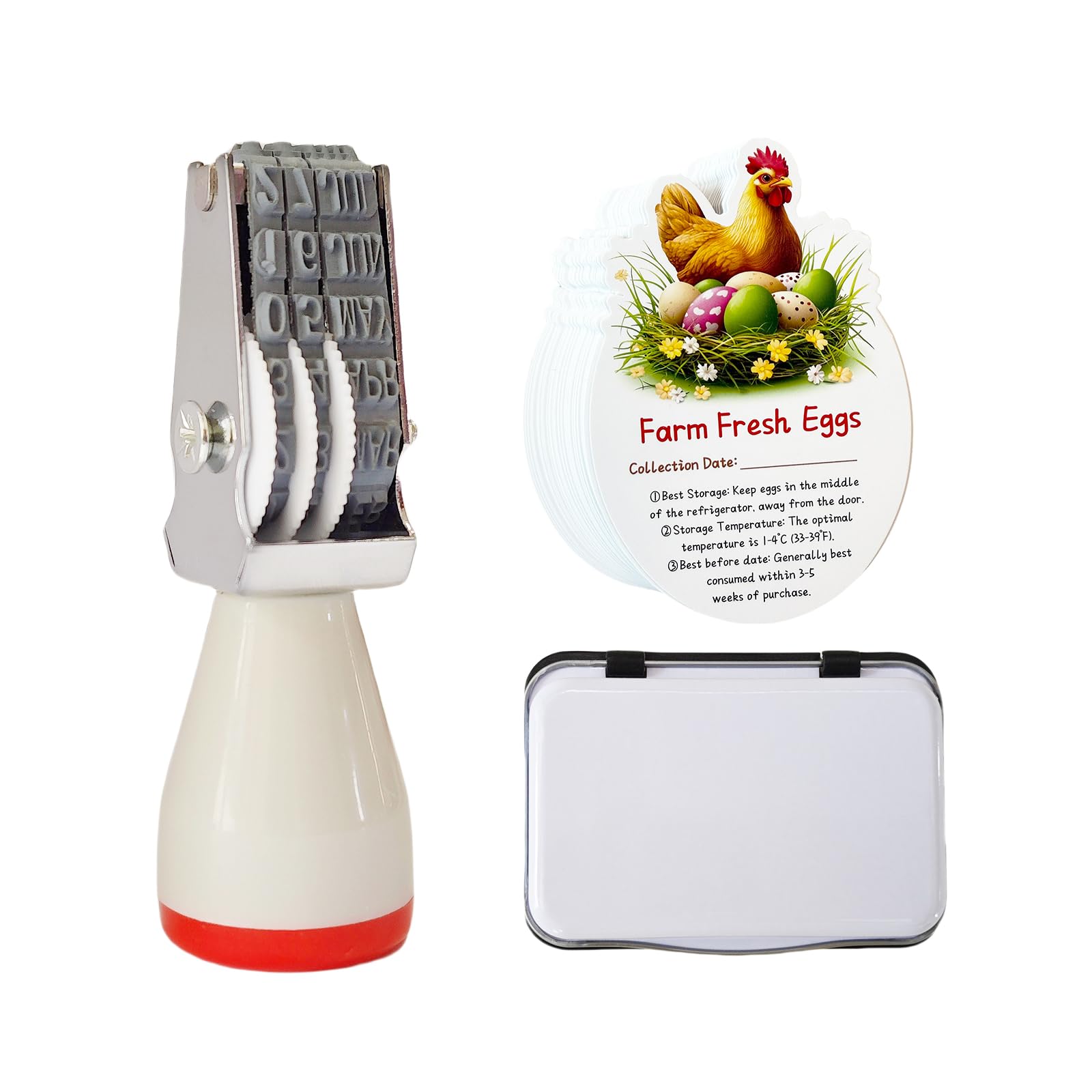 Aunewrick Egg Dater Kit, 1 Date Stamp（Month&Day）, 1 Black Fade-Resistant Ink, 50 Farm Fresh Eggs Instructions, for Chicken Duck Turkey Goose Eggs