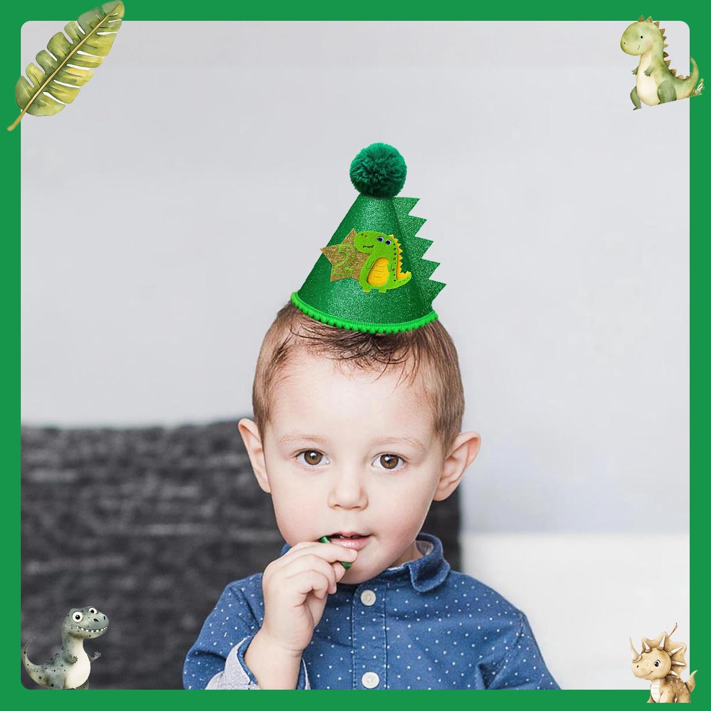 2nd Dinosaur Hat 2nd Dinousour Hat Decoration Green Glitter Dinosaur Crown